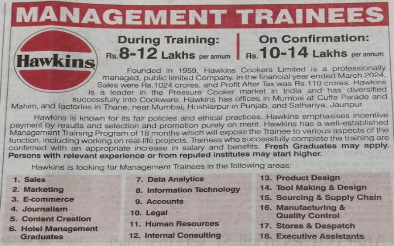 Hawkins Hiring Fresh Graduates for Management Trainees in Various Discipline 2024