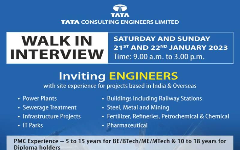 Walk-In Interview on 21st - 22nd January 2023 at Tata Consulting Engineers Limited (TCE) for Experienced Professionals